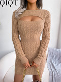 Plus Size Dress 2022 autumn and winter sexy hollow twist waist hip skirt woolen Dress