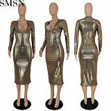 Plus Size Dress Amazon new graceful and fashionable deep V bronzing fabric dress