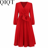 Plus Size Dress 2022 new long sleeve slim fit pleated belt V neck dress A line dress