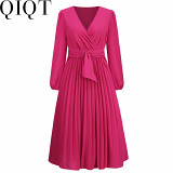 Plus Size Dress 2022 new long sleeve slim fit pleated belt V neck dress A line dress