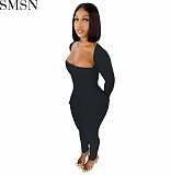 2 Piece Set Women autumn and winter fashion casual solid color rib fabric two piece set