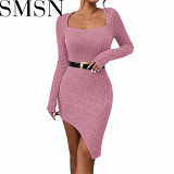 Plus Size Dress Amazon new spring and summer square collar fashion slit irregular sexy dress