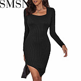 Plus Size Dress Amazon new spring and summer square collar fashion slit irregular sexy dress