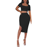 Plus size dress new spring and summer ribbed square collar short sleeve slit skirt slim fit two piece suit 2 piece set women