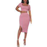 Plus size dress new spring and summer ribbed square collar short sleeve slit skirt slim fit two piece suit 2 piece set women