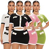 Skirt set 2 piece new ribbed round neck contrast color short sleeves skirt elegant outfit Two Piece Set Women Clothing