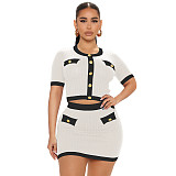 Skirt set 2 piece new ribbed round neck contrast color short sleeves skirt elegant outfit Two Piece Set Women Clothing
