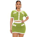 Skirt set 2 piece new ribbed round neck contrast color short sleeves skirt elegant outfit Two Piece Set Women Clothing