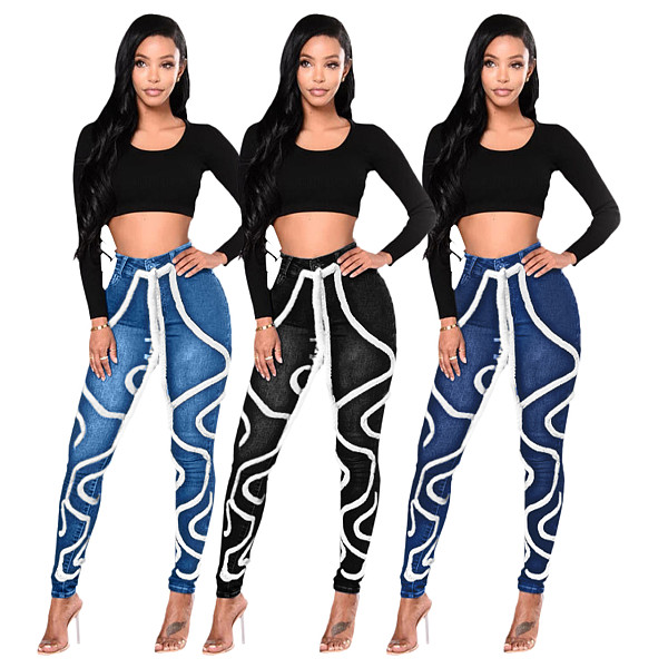Fluff Strip Stretch Washed Jeans Women Denim Pants