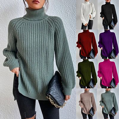 High Neck Long Sleeve Slit Long Autumn Sweater Tops