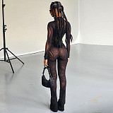 Sexy Mesh Stitching Perspective Long Sleeve Bodysuit Flared Trousers 2 Piece Set
