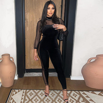 Perspective Sexy Round Neck Velvet Mesh Splicing Long Sleeve Jumpsuit