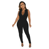 Threaded Sleeveless Sports Zipper Casual Jumpsuit Women Ribbed Jumpsuits