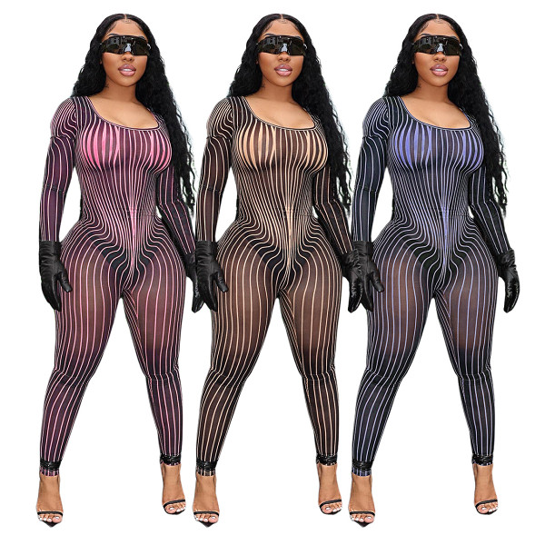 Square Collar Position Printing See Through Mesh Sexy Club Jumpsuit