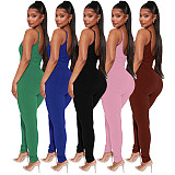 Women Ribbed Spaghetti Strip Backless Long One Piece Jumpsuit