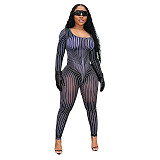 Square Collar Position Printing See Through Mesh Sexy Club Jumpsuit