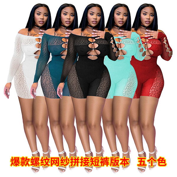 Summer Ribbed Mesh Spliced Off Shouder Button Sexy Short Jumpsuit Rompers