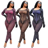 Square Collar Position Printing See Through Mesh Sexy Club Jumpsuit