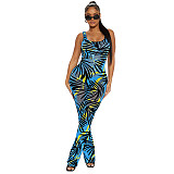 Square Collar Printing Mesh See Through Sexy Tank Jumpsuit Women