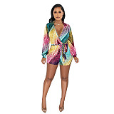 New Fashoin Deep V Neck Colorful Printing Casual Sash Long Sleeve Rompers