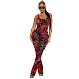 Square Collar Printing Mesh See Through Sexy Tank Jumpsuit Women