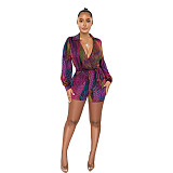 New Fashoin Deep V Neck Colorful Printing Casual Sash Long Sleeve Rompers