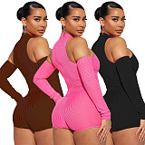 Spring new ribbed long sleeve open shoulder sexy women romper short jumpsuit