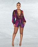 New Fashoin Deep V Neck Colorful Printing Casual Sash Long Sleeve Rompers