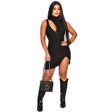 New Sleeveless Ribbed Zipper Slim Women Hollow Out Sexy Mini Dress
