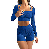 Ribbed Long Sleeve Slimming Halter Crop Top And Shorts Sports 2 Piece Set