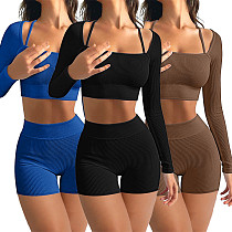 Ribbed Long Sleeve Slimming Halter Crop Top And Shorts Sports 2 Piece Set