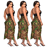 Fashion Ladies Camouflage Pocket High Slit Women Midi Skirt