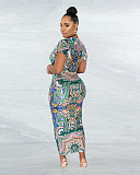 Printing V Neck African National Style Slit Ruched Short Sleeve Summer Dresses