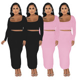Sexy 2 Piece Set Women Ribbed Long Sleeve Square Neck Skirt Slim Two Piece Set