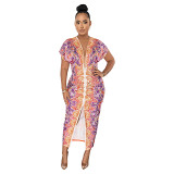 Printing V Neck African National Style Slit Ruched Short Sleeve Summer Dresses
