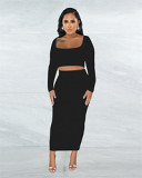 Sexy 2 Piece Set Women Ribbed Long Sleeve Square Neck Skirt Slim Two Piece Set