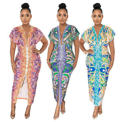Printing V Neck African National Style Slit Ruched Short Sleeve Summer Dresses