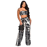 Spring Summer Printing Crop Top Wide Leg Pants Set Casual Floral Outfit 2 Piece Set