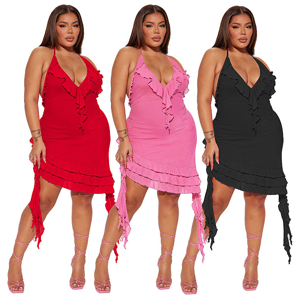 New Spaghetti Strap Mesh See Through Layer Ruffles Sexy Mini Short Women Summer Dress