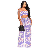Spring Summer Printing Crop Top Wide Leg Pants Set Casual Floral Outfit 2 Piece Set