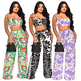 Spring Summer Printing Crop Top Wide Leg Pants Set Casual Floral Outfit 2 Piece Set