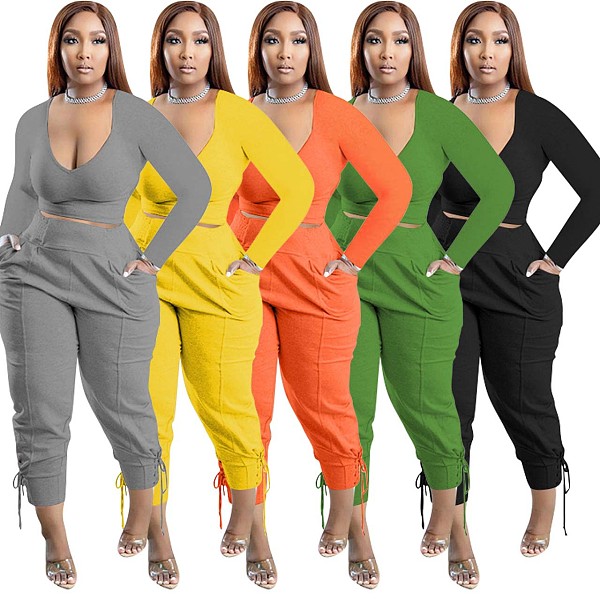 Candy Color Suit Long Pants Lace Up Long Sleeve Sports Casual Two Piece Set