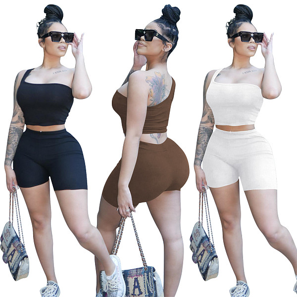 Ribbed Threaded Casual Sexy One Shoulder Sports Two Piece Set