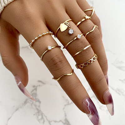 Love Women'S Rhindiamonds Joint Ring Creative Geometric Gold Cross Ring Set 10 Pieces