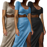 2 Piece Set Women  Fashion Threaded U-neck short-sleeved skirt with slits 2 Piece Outfits