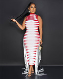 Casual Dress Women Ribbed Print Webbing Sleeveless Dress