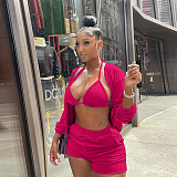 3 Piece Set Women solid color vest cardigan shorts sexy three piece suit 3 piece set