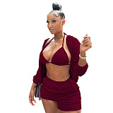 3 Piece Set Women solid color vest cardigan shorts sexy three piece suit 3 piece set