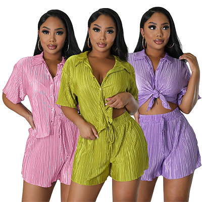 2 Piece Set Women Summer new shirt pleated short-sleeved loose fashion casual 2 Piece Outfits