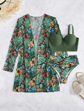 Sexy Mesh Bikini Three-piece Amazon Push Up Split Print Swimsuit Women